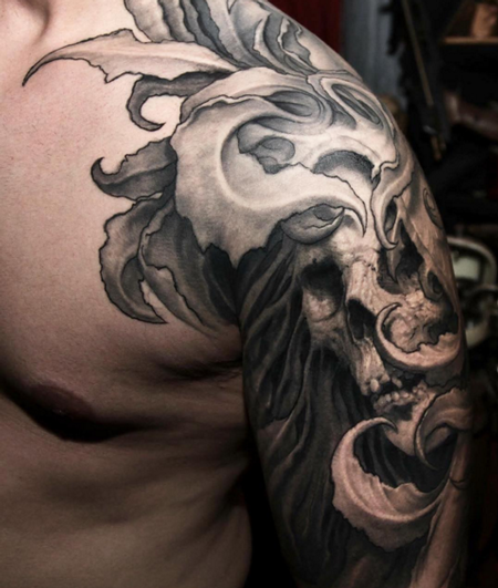 tattoos/ - Black and Gray Skull Tattoo - 115237